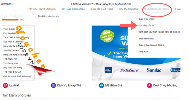 Huy don hang Lazada 1 e1569404071711 Đăng nhập vào tài khoản, chọn mục "Quản lý đơn hàng"