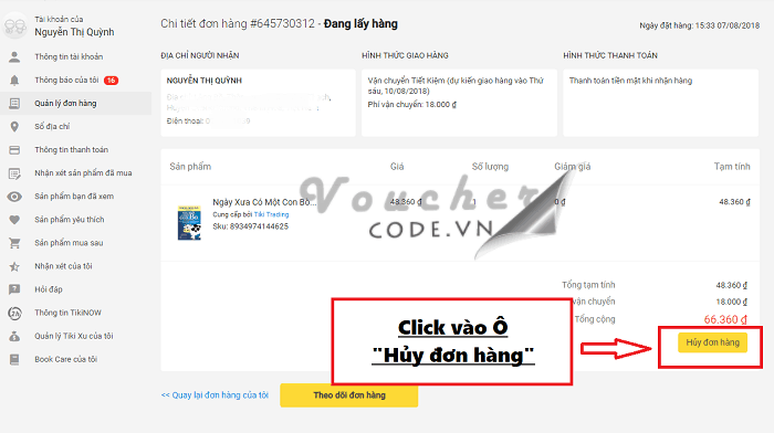 Hủy đơn hàng Tiki