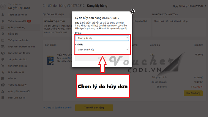 Hủy đơn hàng Tiki