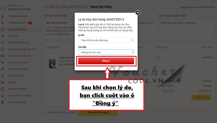 Hủy đơn hàng Tiki