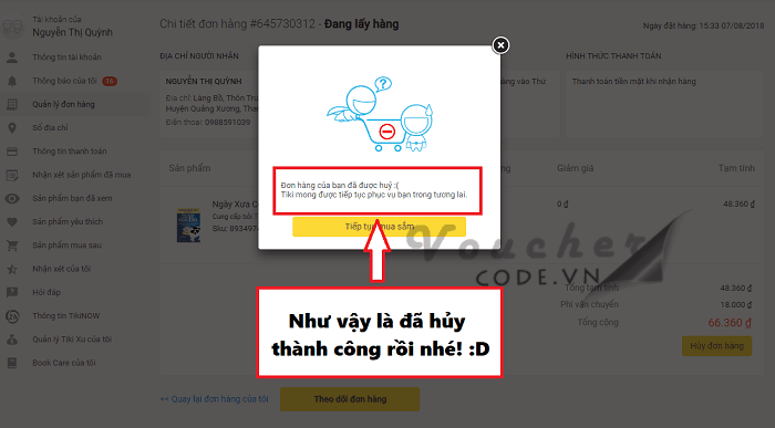 Hủy đơn hàng Tiki