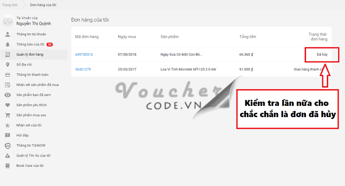 Hủy đơn hàng Tiki