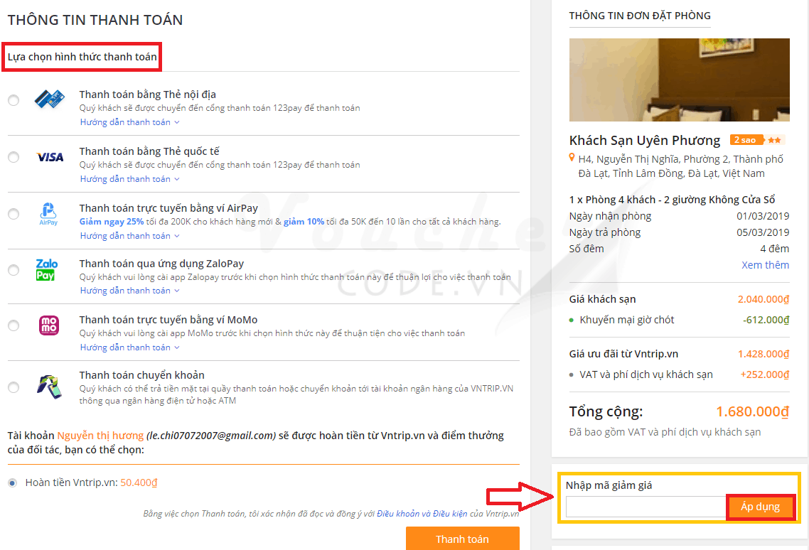 Huong dan dat phong ve may bay vntrip 8 Hướng dẫn đặt phòng khách sạn / vé máy bay trên VnTrip