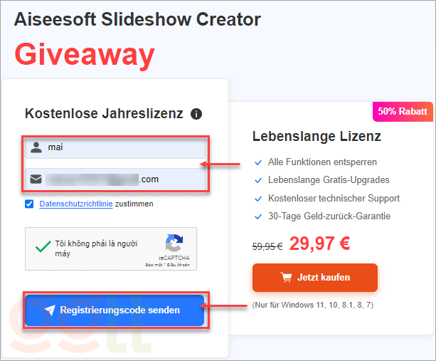 nhap email aiseesoft slideshow creator